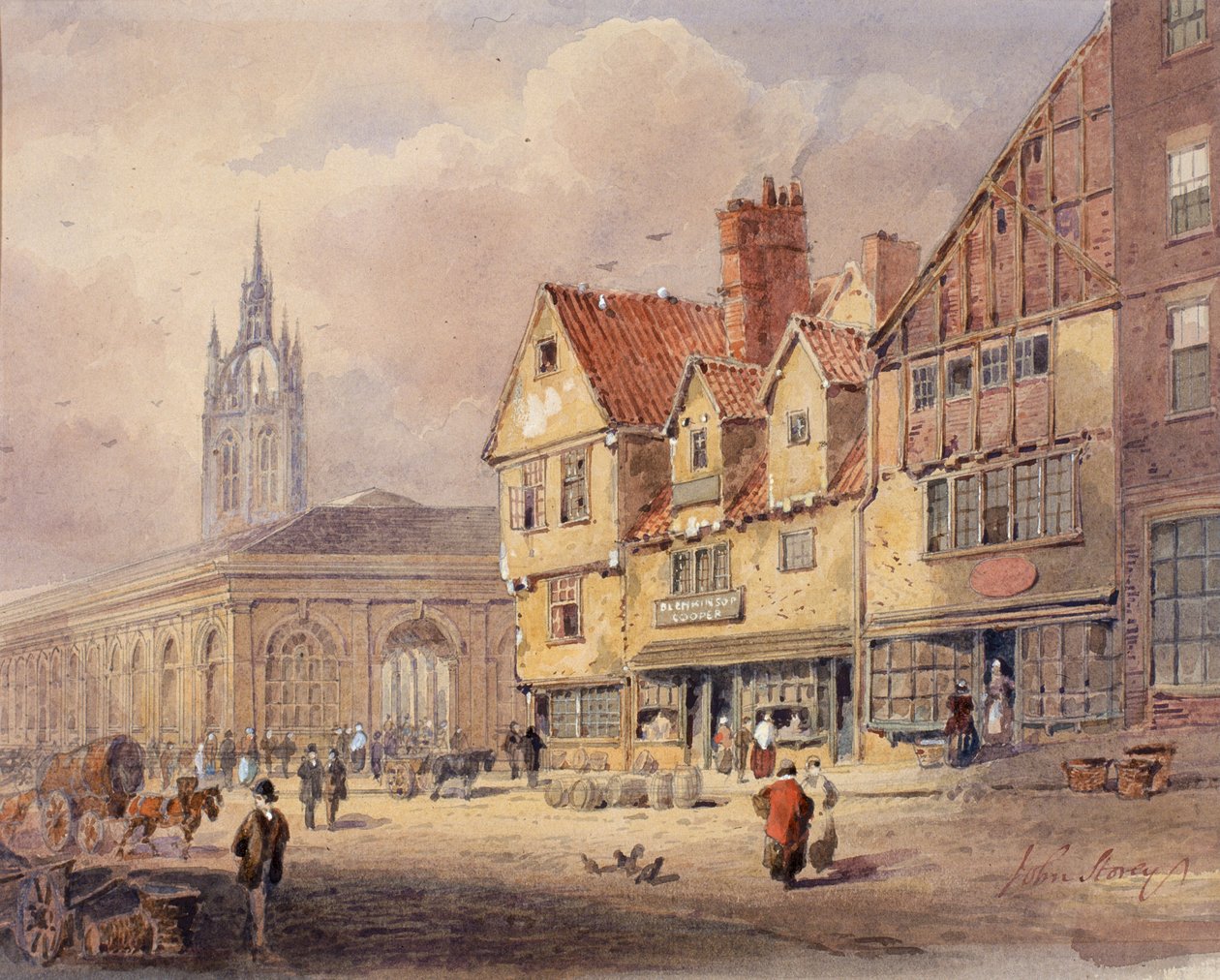 Gamle bygninger, Union Street og Corn Exchange før rådhuset ble bygget (kroppsfarge på papir) av John Storey