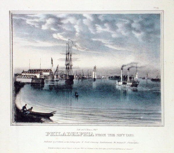 Philadelphia fra Navy Yard, ca. 1840 (farge litho) av John T. Bowen