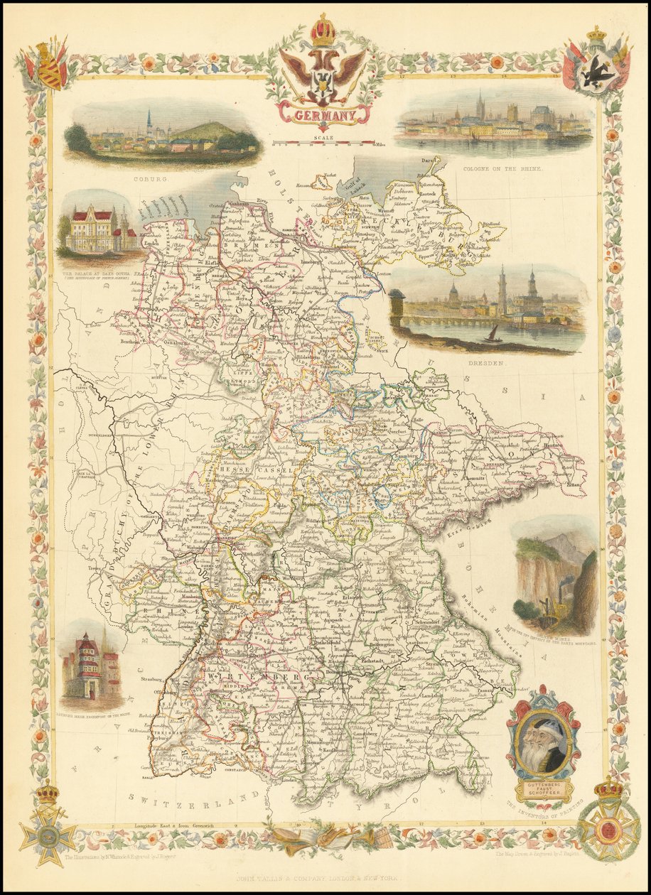 Kart over Tyskland fra 1851 av John Tallis