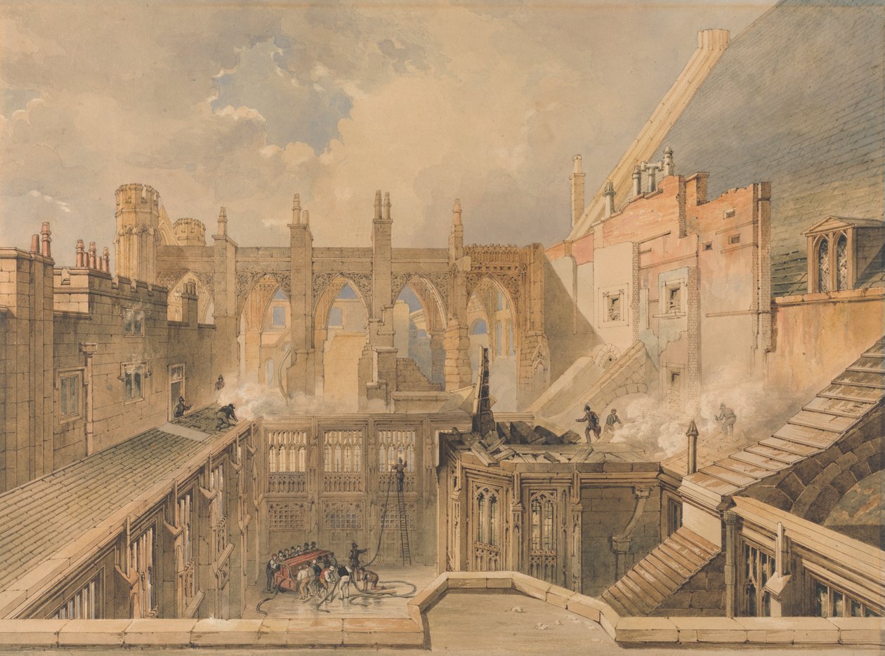 En utsikt over restene av St. Stephen's Chapel, Houses of Parliament om morgenen etter brannen den 16. oktober 1834 av John Taylor Jr.