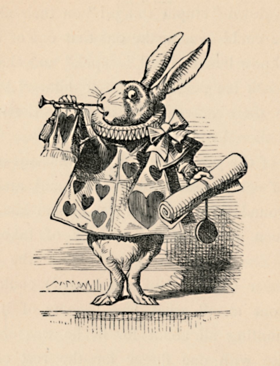 En kanin som domstolsfunksjonær som blåser i trompet for en kunngjøring, 1889 av John Tenniel