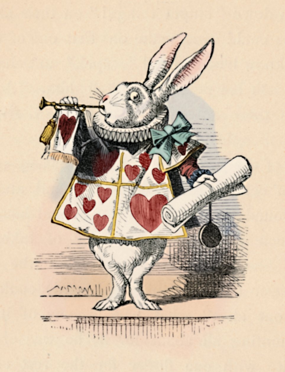 En kanin som domstolsfunksjonær som blåser i trompet for en kunngjøring, 1889 av John Tenniel