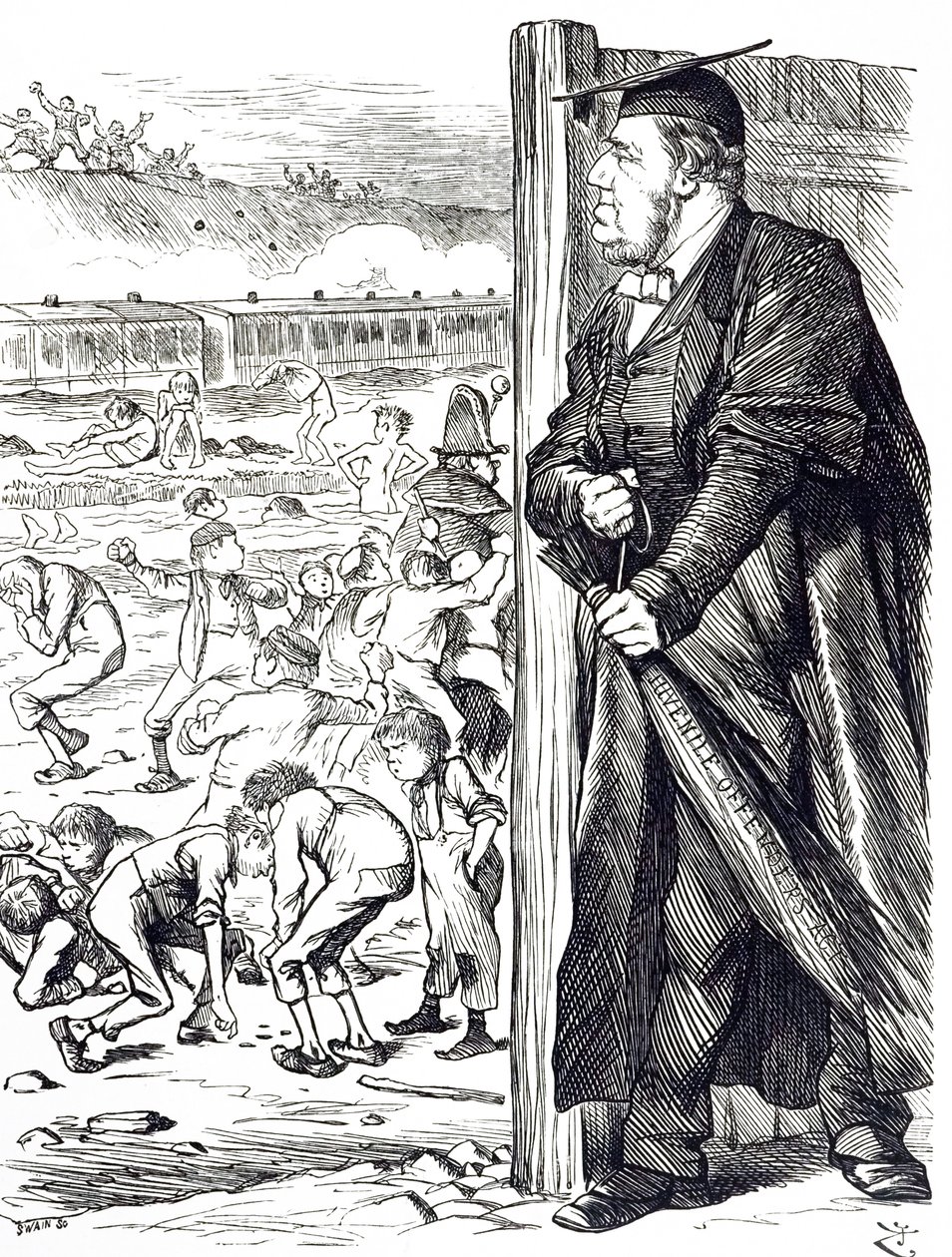 En tegneserie som viser William Vernon Harcourt (1827-1904) som da innenriksministeren anbefalte innføringen av bjørken i stedet for forvaring for ungdomsforbrytere. Illustrert av John Tenniel (1820-1914), en engelsk illustratør, grafisk humorist, en av John Tenniel
