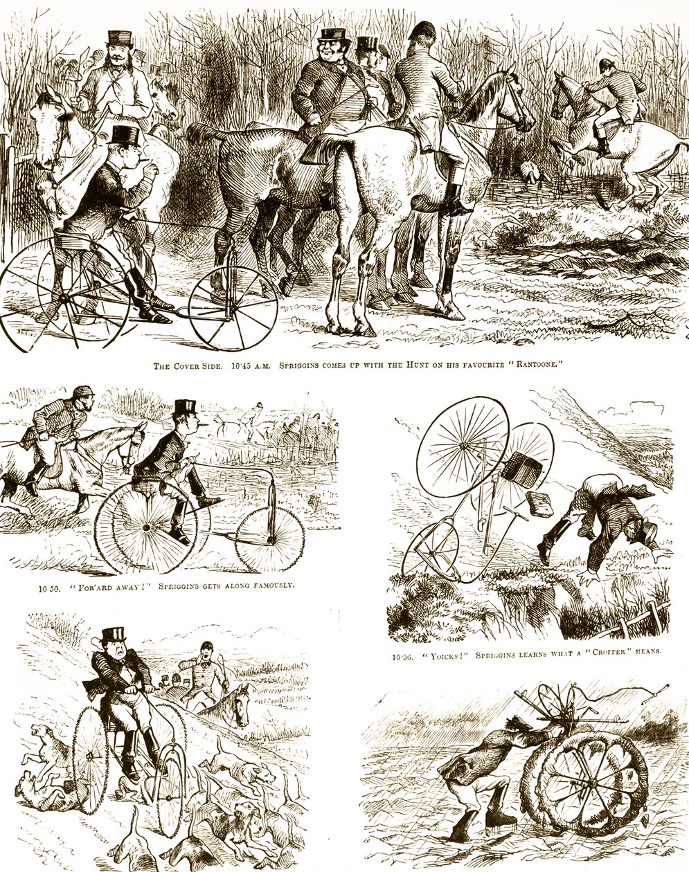 En tegneserie som viser en mann som jakter på en trehjulssykkel. Illustrert av John Tenniel (1820-1914), en engelsk illustratør, grafisk humorist og politisk tegneserieskaper av John Tenniel