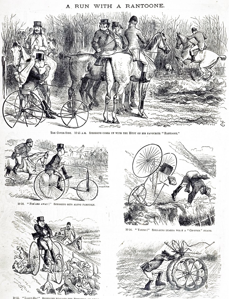 En tegneserie som viser en mann som jakter på en trehjulssykkel. Illustrert av John Tenniel (1820-1914), en engelsk illustratør, grafisk humorist og politisk tegneserieskaper av John Tenniel