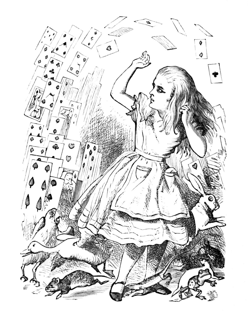 En pakke med kort som flyr opp over Alice, 1889 av John Tenniel