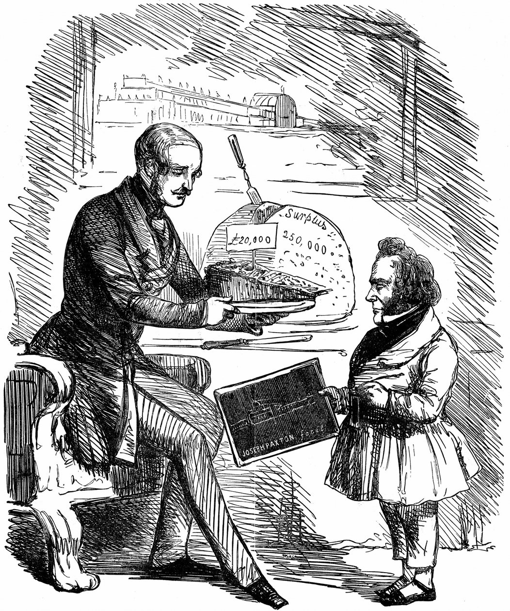 Albert, Prince Consort of Queen Victoria, overrakte Joseph Paxton, designer av Crystal Palace, en skive på £20 000 med 'Solid Pudding' fra overskuddsmidlene fra den store utstillingen i 1851 i Hyde Park, London. John Tenniel tegneserie fra Punch. T av John Tenniel