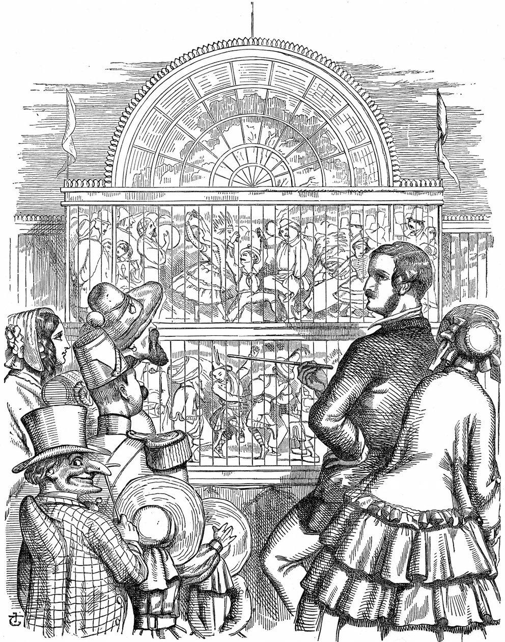 Albert, Prince Consort of Queen Victoria, viser frem Crystal Palace og den store utstillingen i Hyde Park, London. John Tenniel tegneserie fra Punch London 1851. Tregravering av John Tenniel