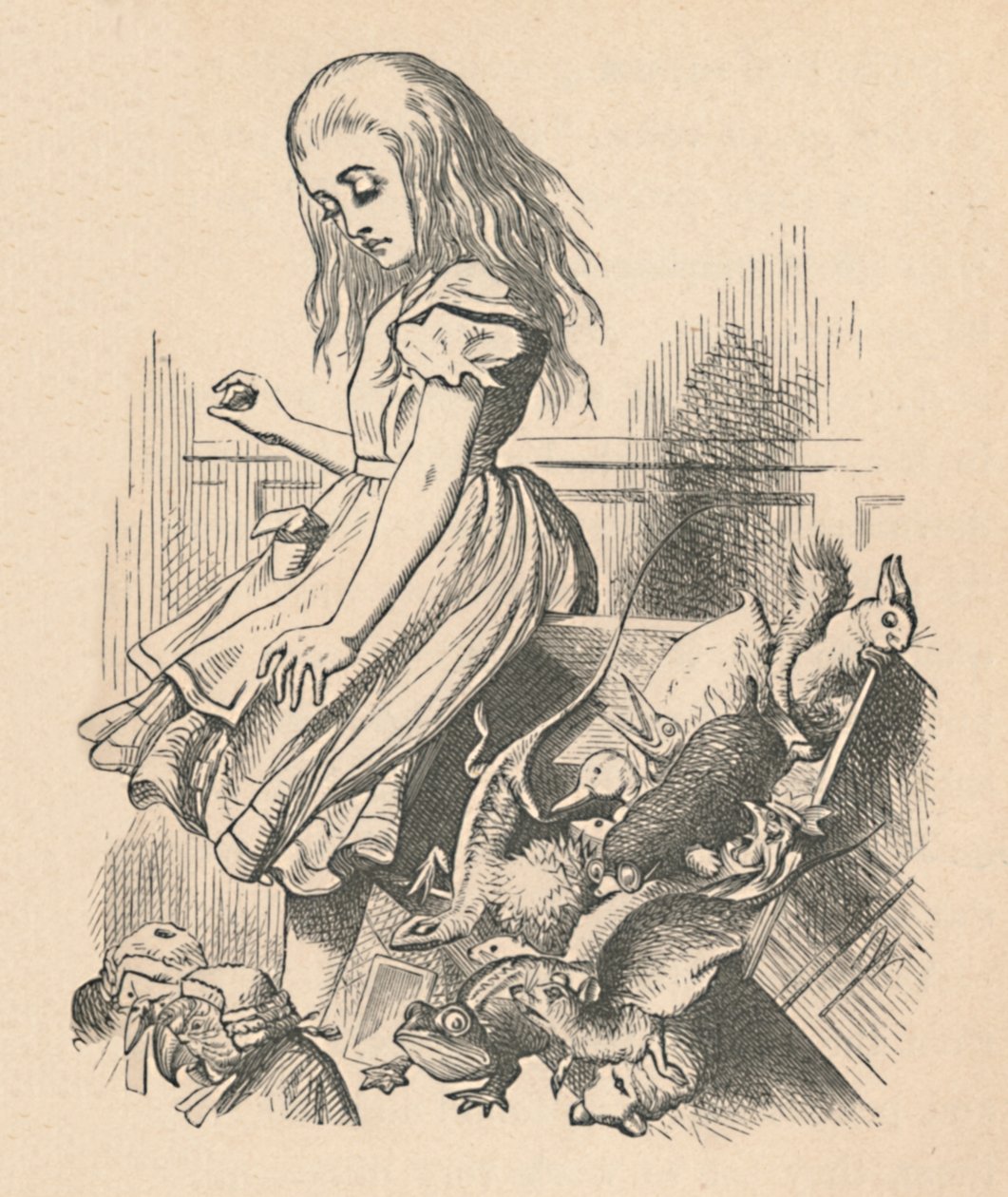 Alice og dyr. Kaos og retten, 1889 av John Tenniel