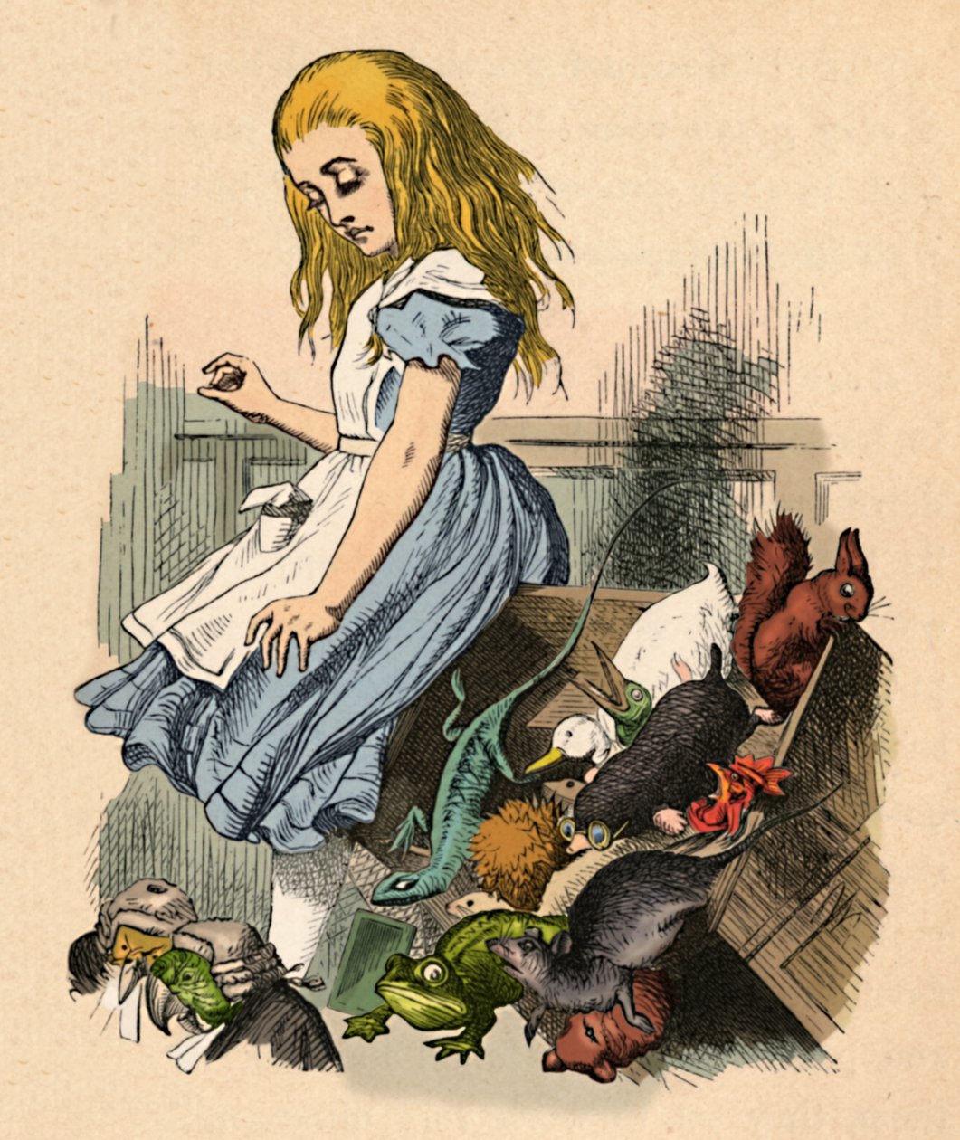 Alice og dyr. Kaos og retten, 1889 av John Tenniel