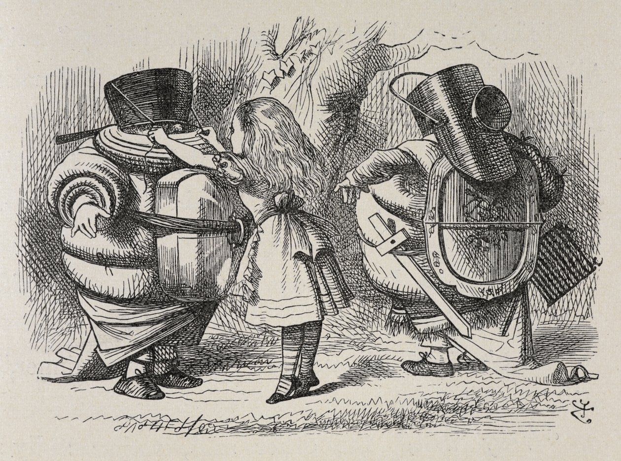 Alice kler ut Tweedledee og Tweedledum. av John Tenniel