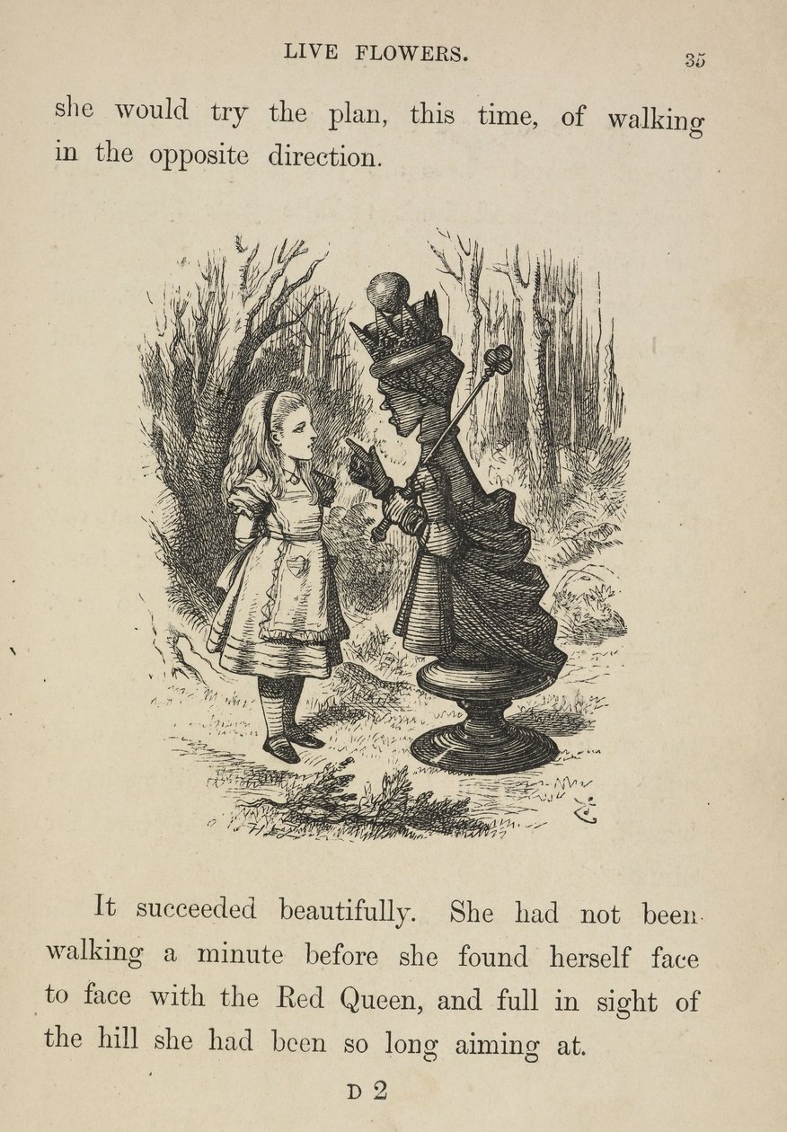 Alice står overfor den røde dronningen. av John Tenniel