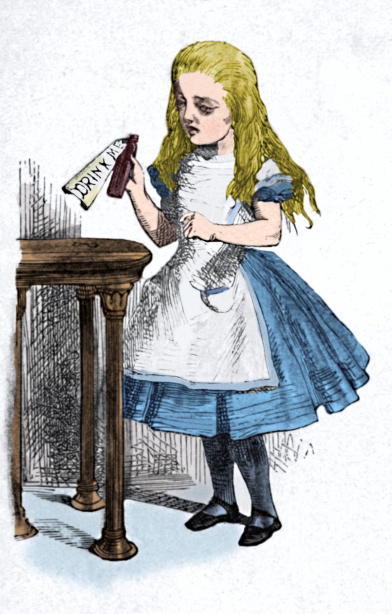 Alice ser på flasken med skiltet drikk meg, 1889 av John Tenniel