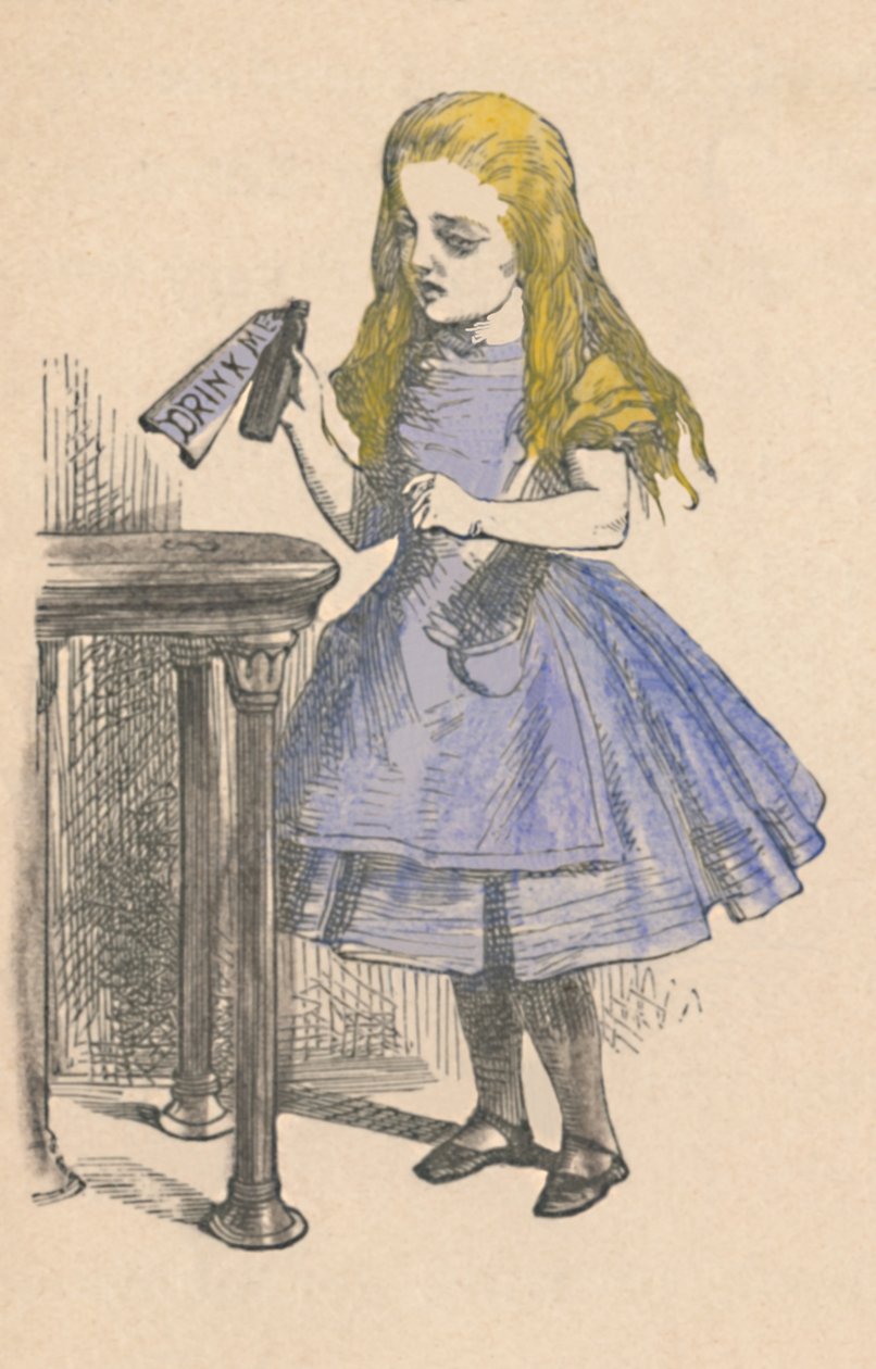 Alice ser på flasken med skiltet drikk meg, 1889 av John Tenniel