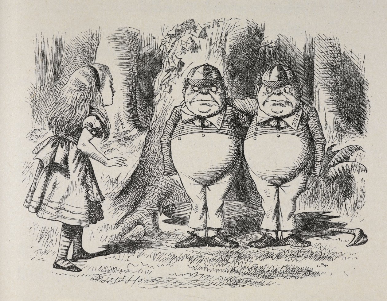 Alice møter Tweedle Dee og Tweedle Dum for første gang. De sto under et tre, hver med en arm rundt halsen på den andre, og Alice visste hvilken som var hvilken om et øyeblikk, fordi en av dem hadde "Dum" brodert på kragen, og den andre "Dee. av John Tenniel