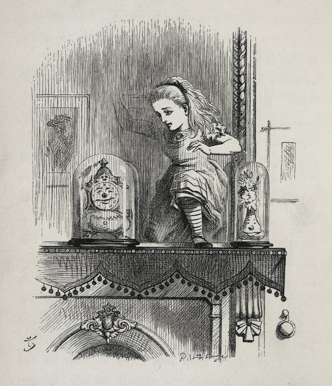 Alice krysser speilet - I "" Alices eventyr i Eventyrland og gjennom glasset"" av Lewis Carroll, illustrasjon av John Tenniel (1820-1914) av John Tenniel