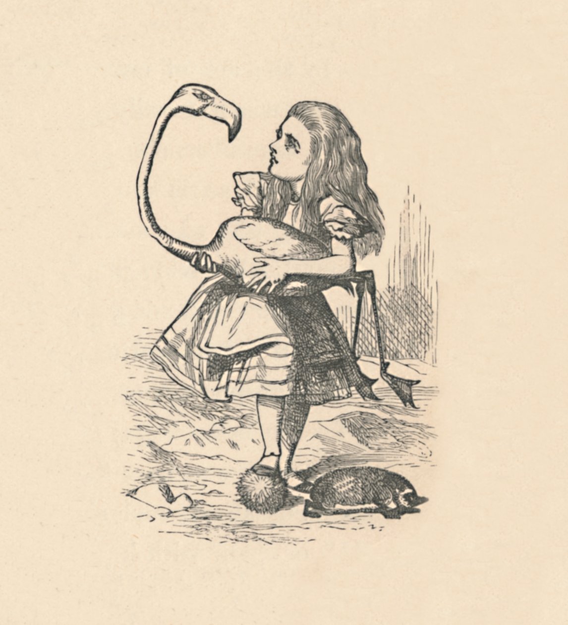 Alice prøver å spille krokket med en flamingo som klubbe, 1889 av John Tenniel