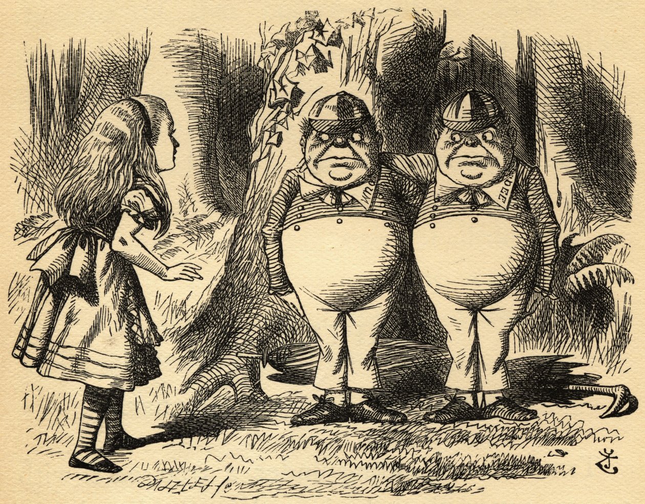 Alice med Tweedledum og Tweedledee. Illustrasjon av Sir John Tenniel av John Tenniel