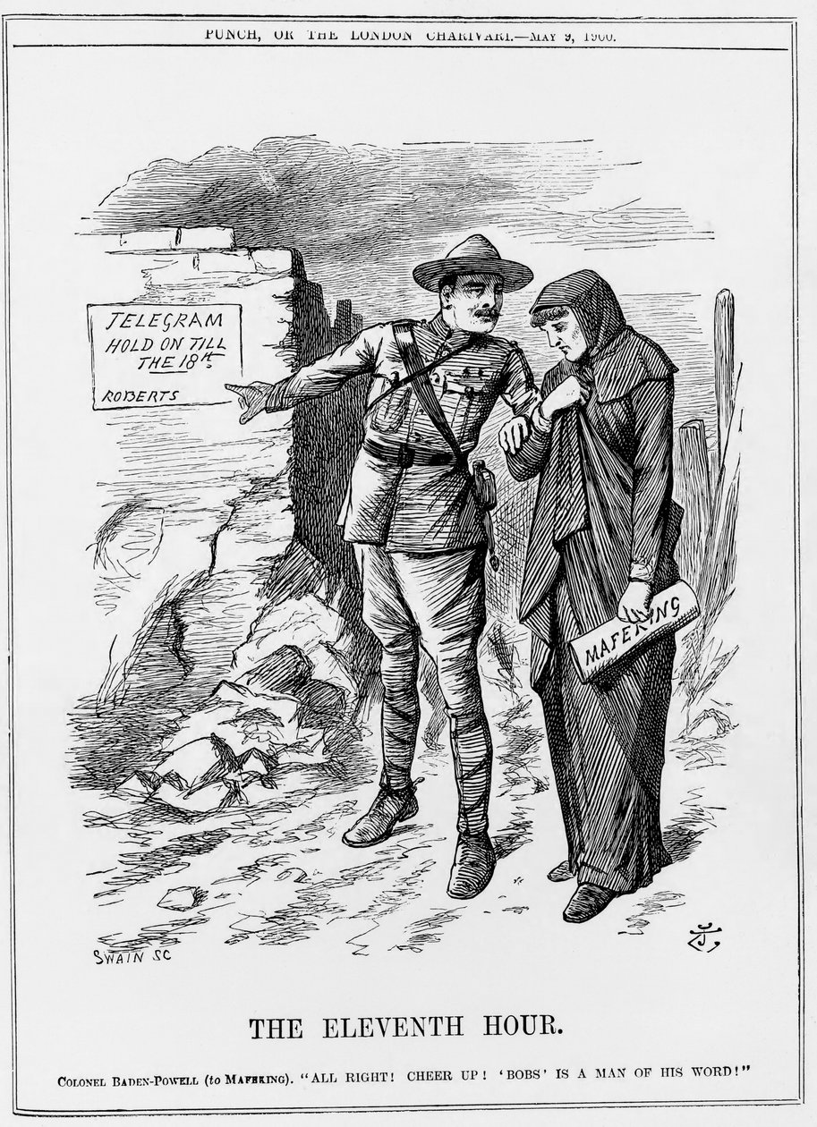 Boer War: Baden Powell oppmuntrer Mafeking til å holde ut. Lord Roberts lovet å avlaste dem innen 18. mai. John Tenniel tegneserie fra Punch 9. mai 1900. av John Tenniel