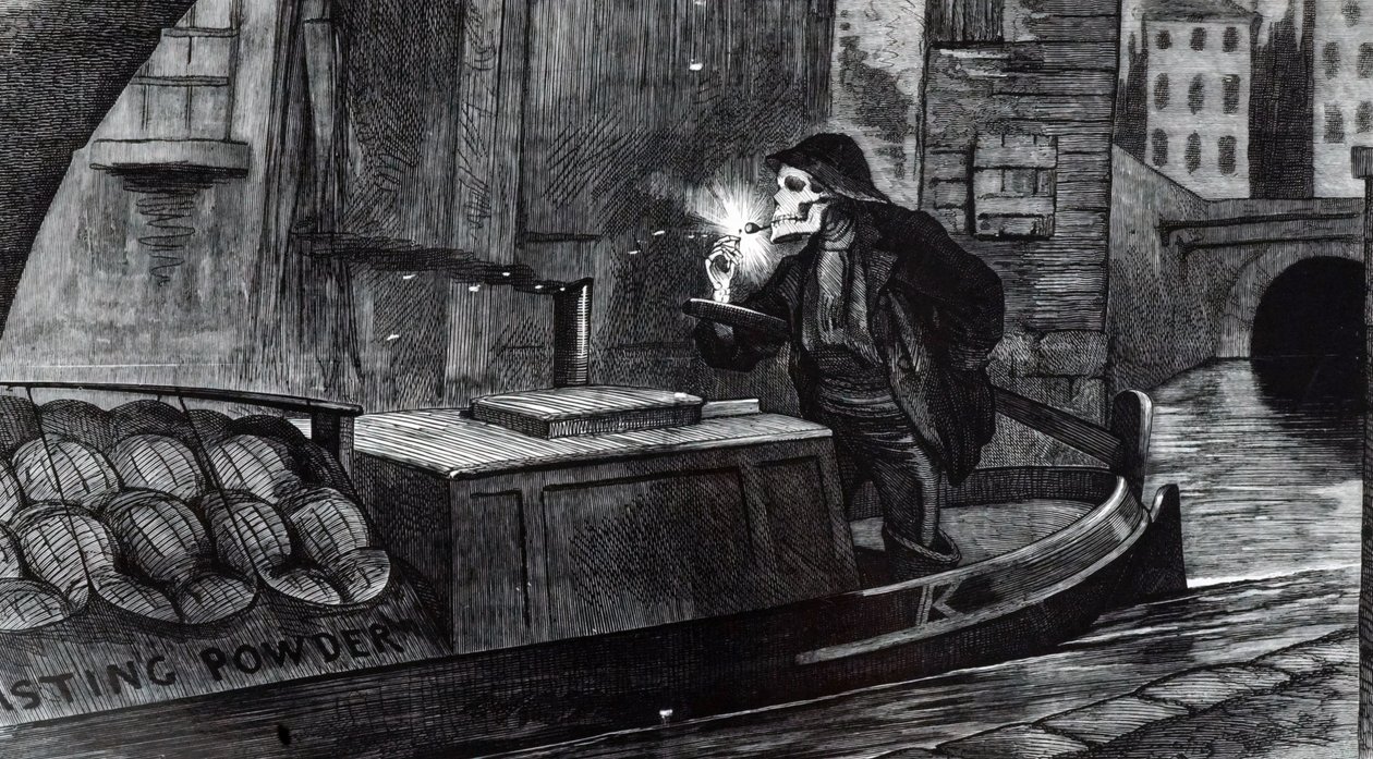 Kampanjetegneserie av John Tenniel som foreslår at parlamentet bør innføre sikkerhetsforskrifter for håndtering og transport av eksplosiver etter ødeleggelsen av en lekter som frakter krutt på Regent's Canal, London. Illustrert av John Tenniel (1820-1 av John Tenniel