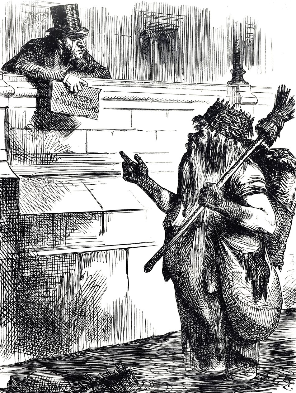 Tegneserie som kommenterer det skitne i Themsen og etterforskningen av bestikkelser under valgene i Great Yarmouth, Reigate og Lancaster av John Tenniel
