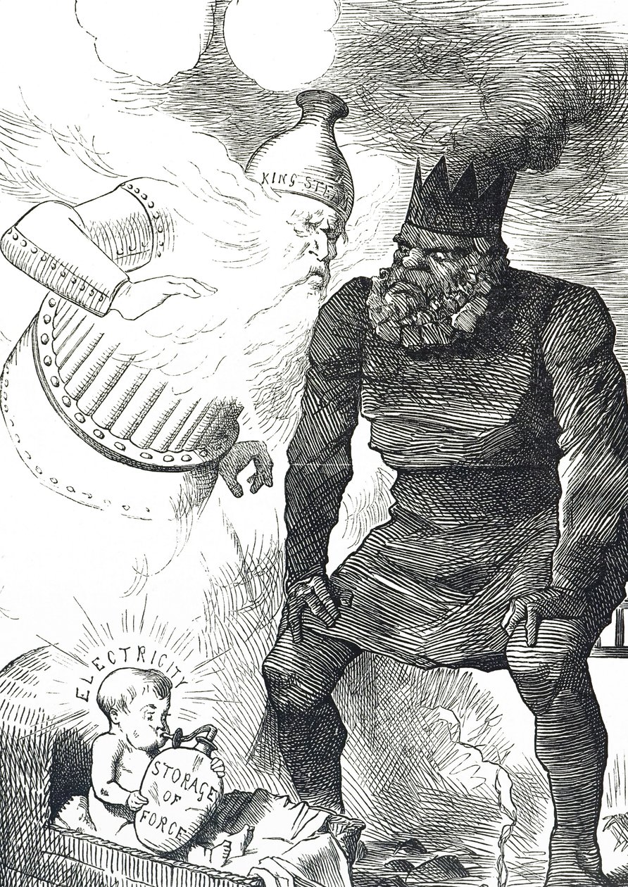 Tegneserie som kommenterer elektrisitets barndom av John Tenniel