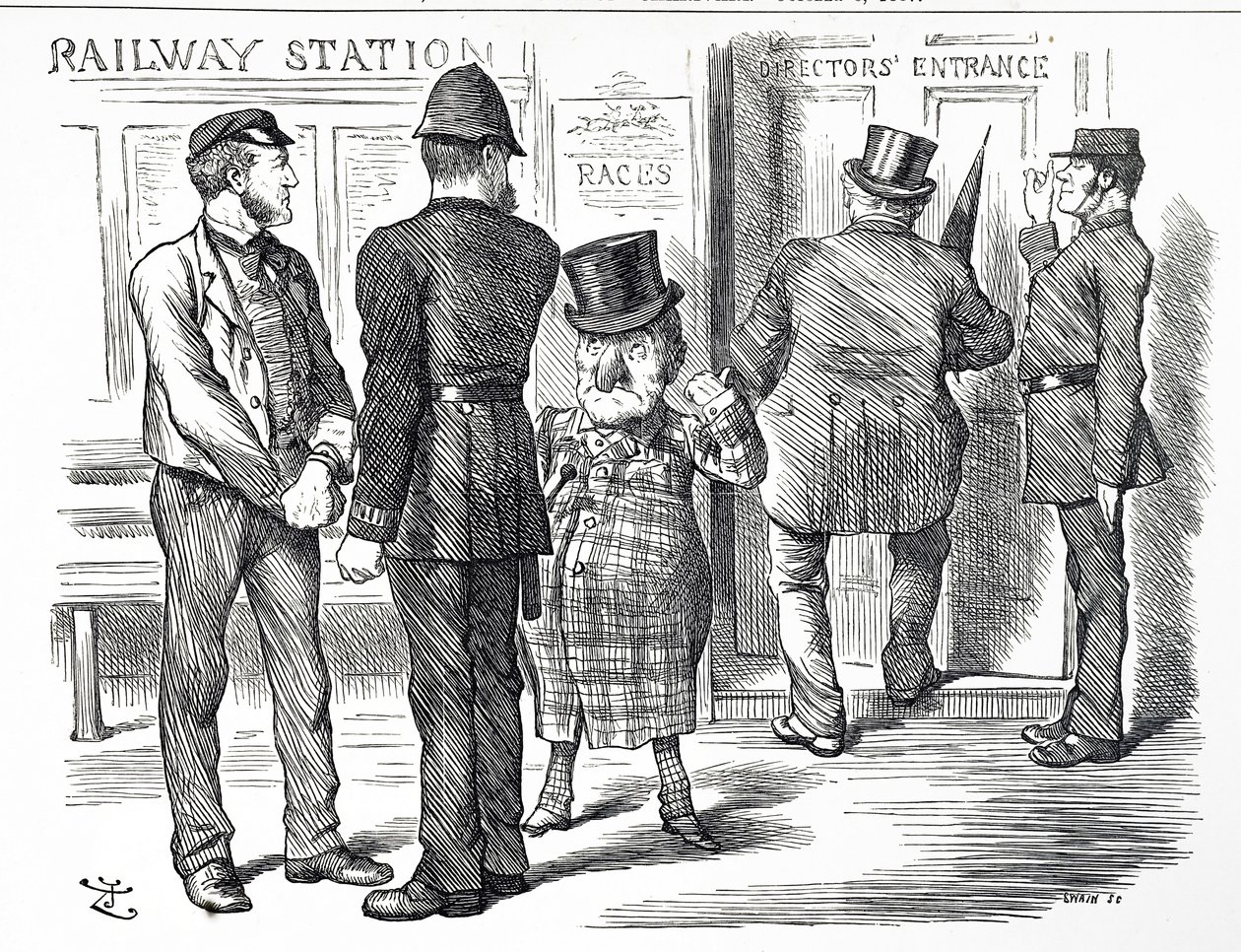 Tegneserie som kommenterer bøndene om at et blokksystemsignal skal gjøres obligatorisk på British Railways av John Tenniel
