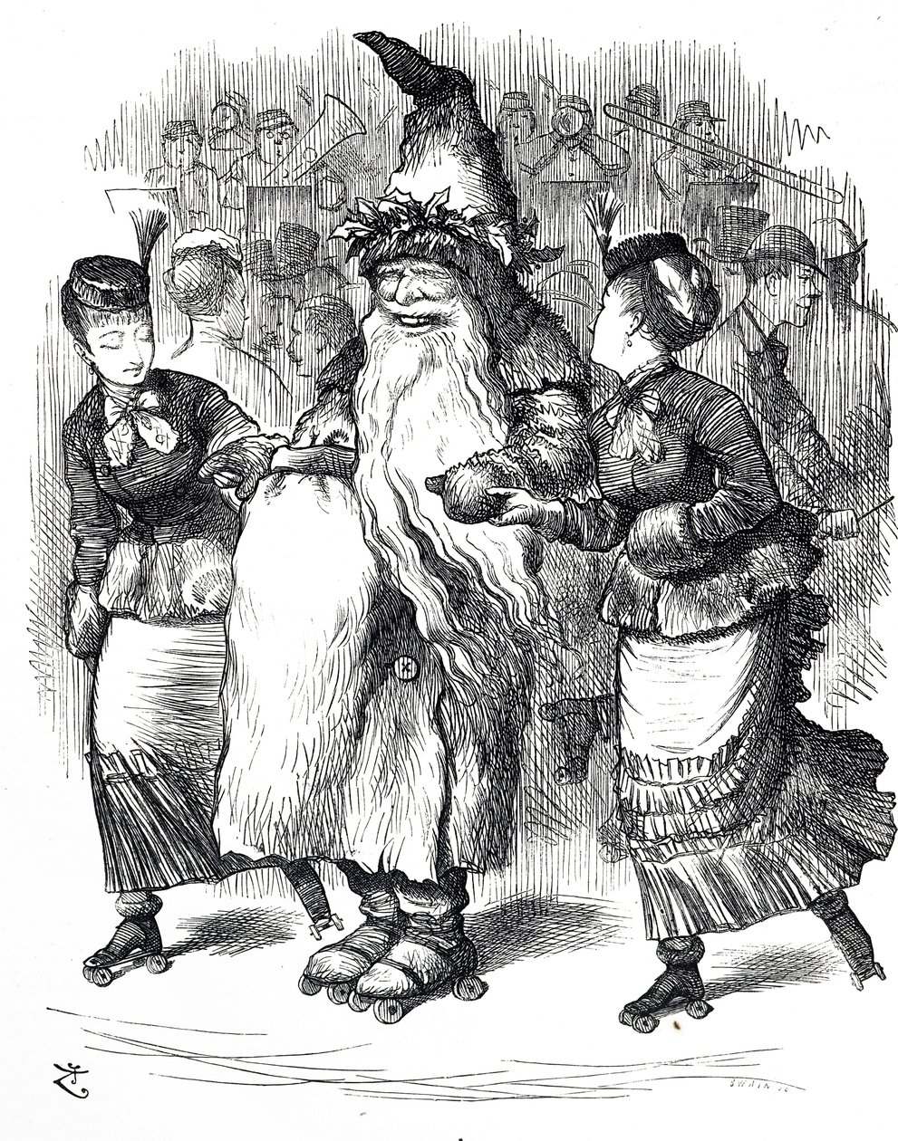 Tegneserie som viser julemannen rulleskøyter av John Tenniel