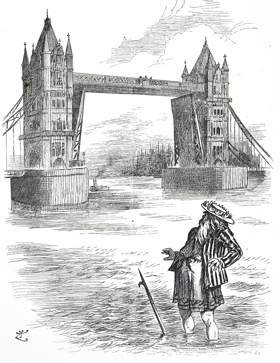 Tegneserie som viser far Thames som beundrer Tower Bridge, London av John Tenniel