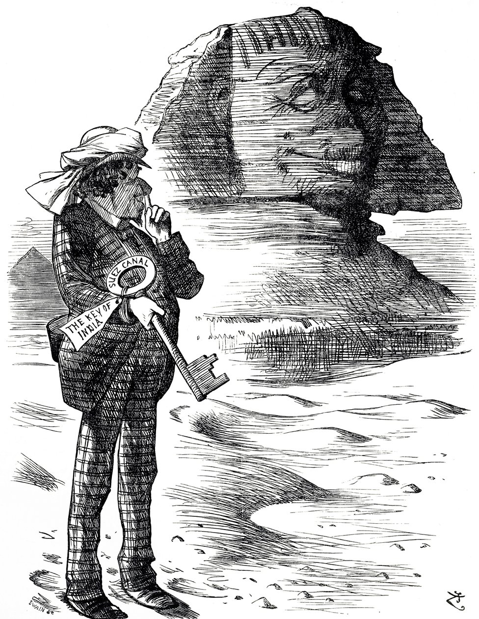 Tegneserie som viser statsminister Benjamin Disraeli som holder Suez-kanalen som nøkkelen til britenes besittelse og innflytelse i India av John Tenniel