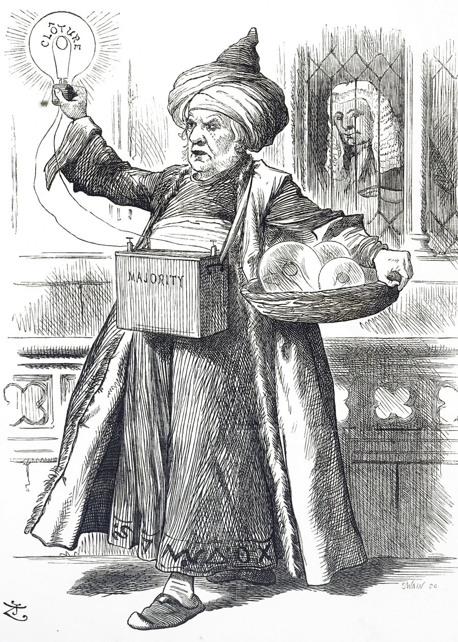 Tegneserie som viser William Ewart Gladstone som Aladdin av John Tenniel