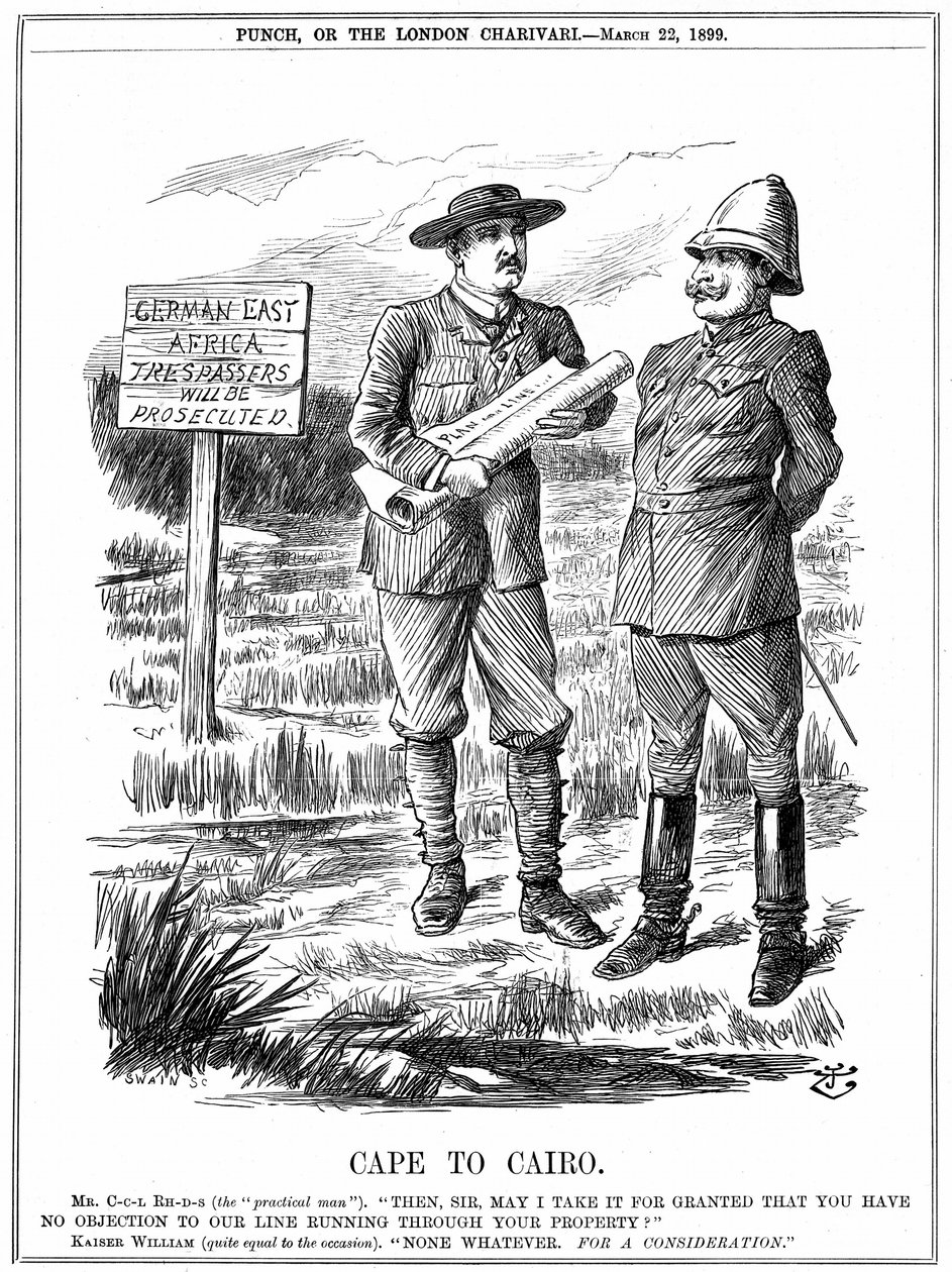 Cecil John Rhodes (1852-1902) engelskfødt sørafrikansk statsmann, som ber den tyske keiseren om tillatelse til å kjøre en telegraflinje gjennom det tyske Øst-Afrika. Cape To Cairo, tegneserie av John Tenniel fra 'Punch', London, 22. mars 1899. Grav av John Tenniel