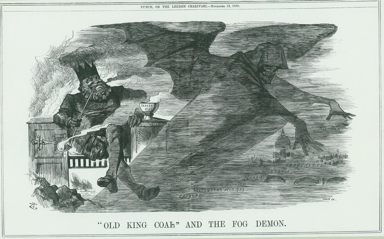 Effekter av å brenne Old King Coal på London. Tåken forårsaket astma, bronkitt, lungebetennelse, pleuritt, etc. John Tenniel tegneserie fra Punch, London av John Tenniel