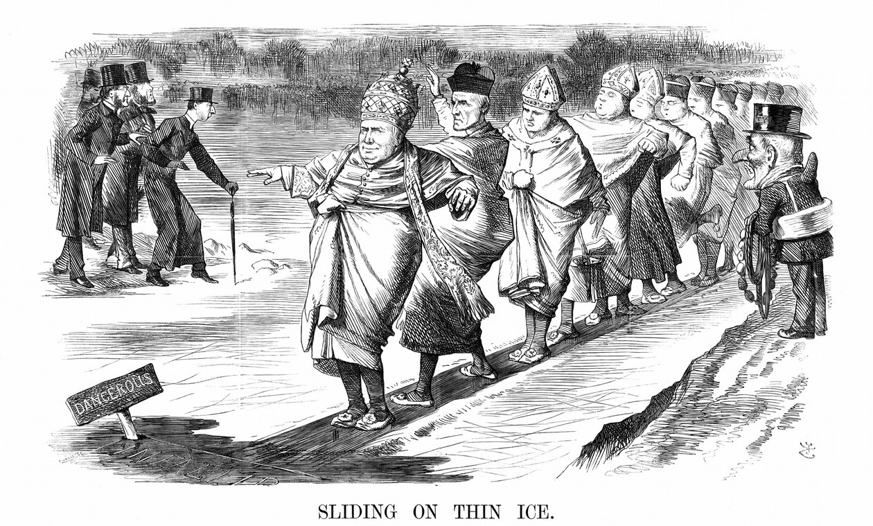 Engelske konverterer til Roma inkludert Newman, skøyter på tynn is mens Pusey og hans anglo-katolske 'ritualistiske' venner til venstre tester isen før de forplikter seg. John Tenniel tegneserie fra Punch London 1869. av John Tenniel