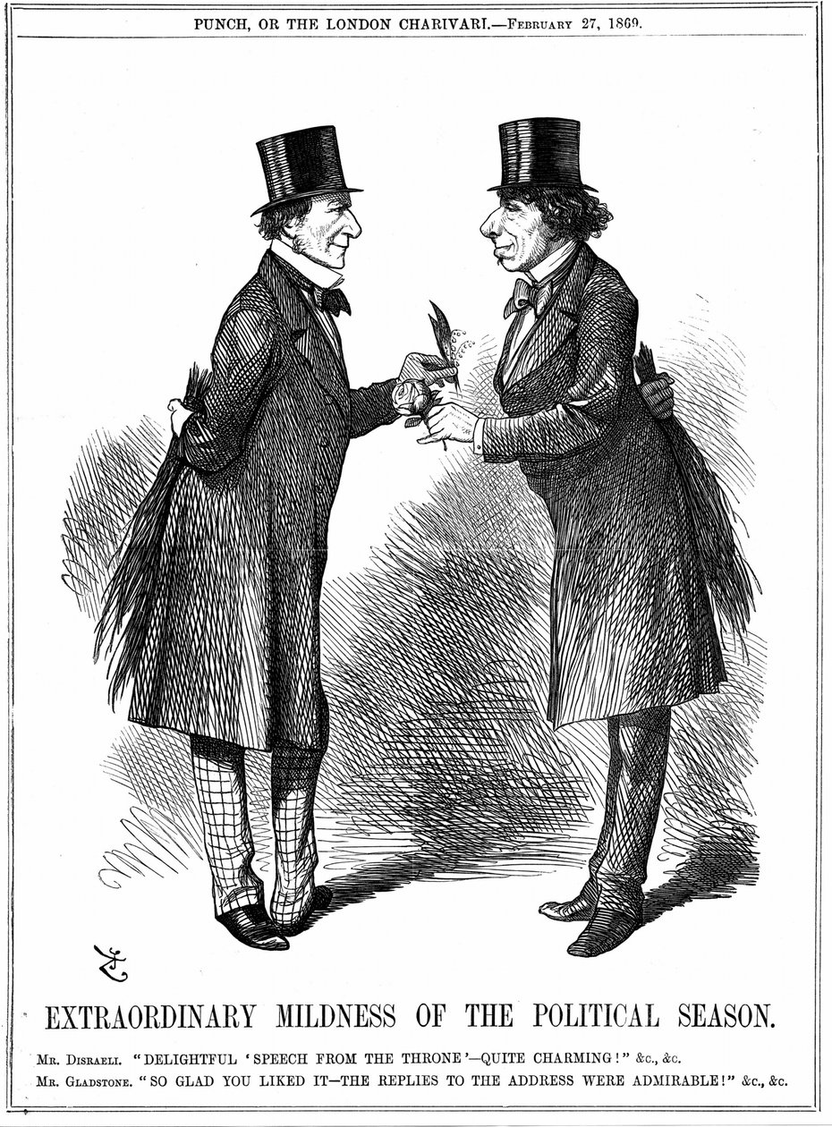 "Ekstraordinær mildhet av den politiske sesongen": Disraeli gratulerer Gladstone med Sovereigns tale ved åpningen av parlamentet. Begge har en bjørk bak seg for å begynne å slå den andre så snart økten er i gang. John Tenniel tegneserie fra Pun av John Tenniel