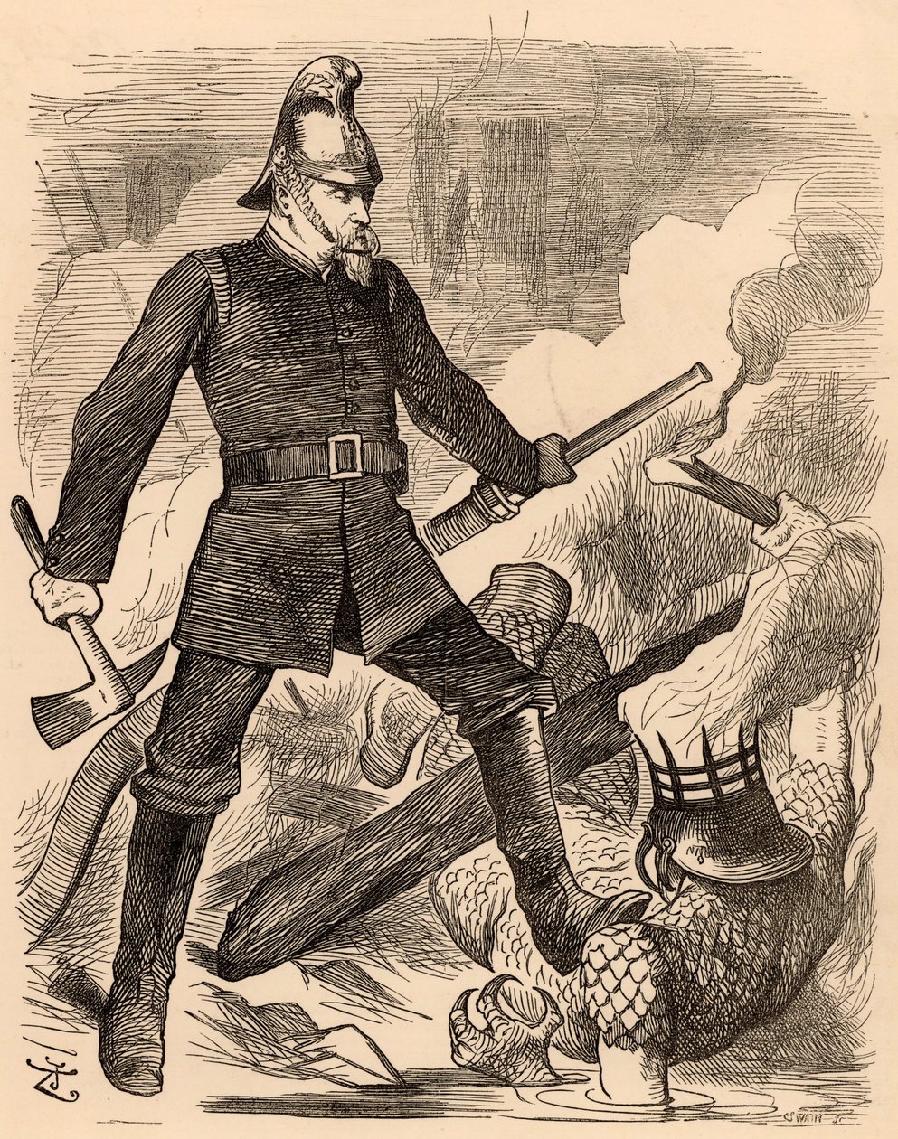 Eyre Massey Shaw bekjemper brann, fra "Punch" London, 20. august 1887 (gravering) av John Tenniel