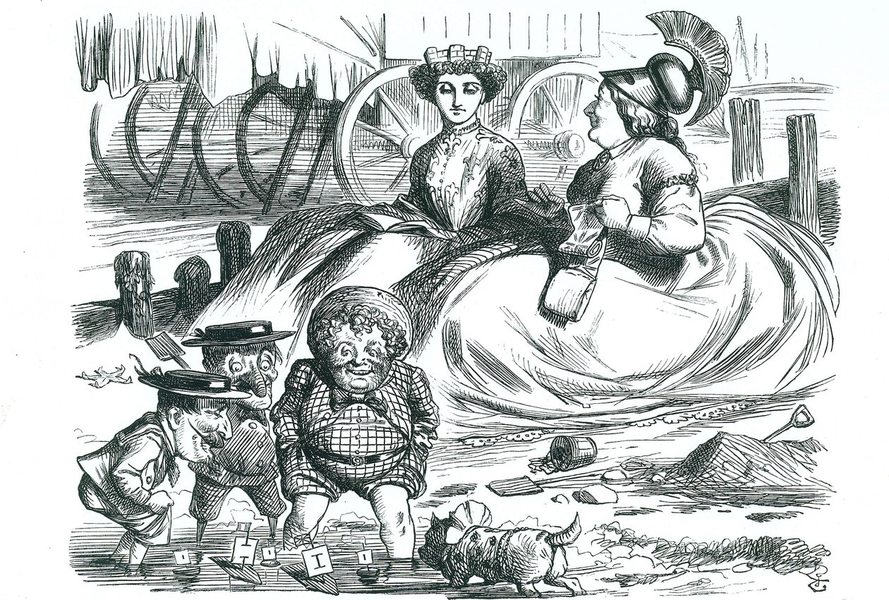 Frankrike og Storbritannia ser på barna (John Bull, Mr Punch og Napoleon III). Dette året markerte 50 år med fred mellom Frankrike og Storbritannia og begynnelsen på Entente Cordiale. John Tenniel tegneserie fra 
