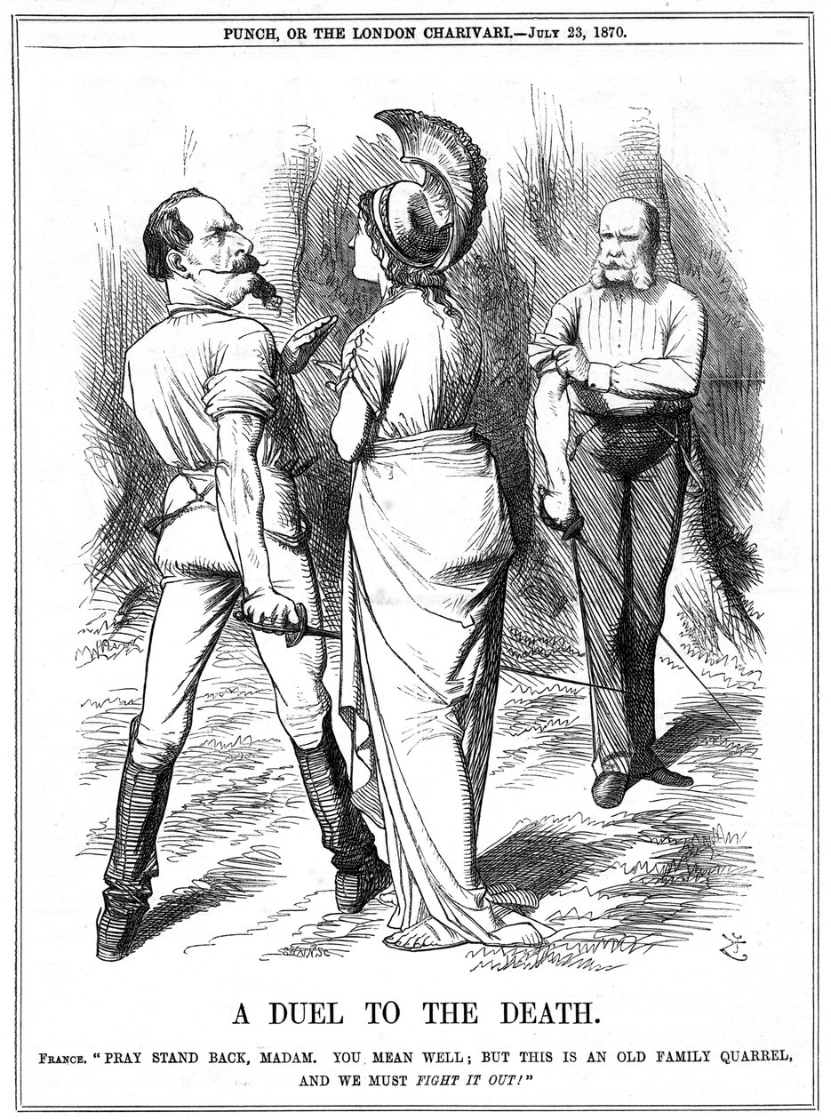 Fransk-prøyssisk krig 1870-1871: Britannia forsøkte å begrense Napoleon III i å starte krig med Tyskland. Fransk erklæring levert til Berlin 19. juli, proklamasjon 23. juli. John Tenniel tegneserie fra Punch, London, 23. juli 1870. Gravering av John Tenniel