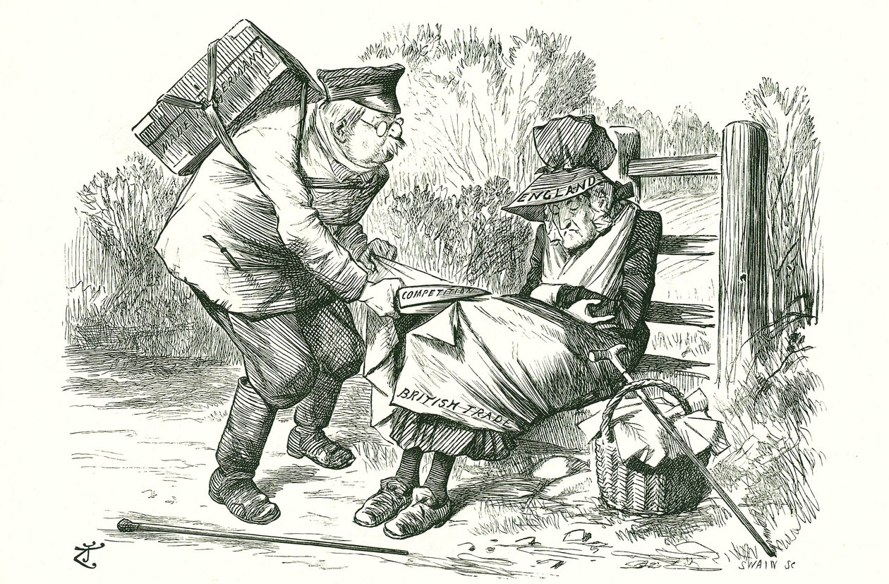 Tyskland stjeler Storbritannias posisjon som verdensledende innen handel og produksjon. Tegneserie av John Tenniel fra Punch, 5. september 1896. av John Tenniel