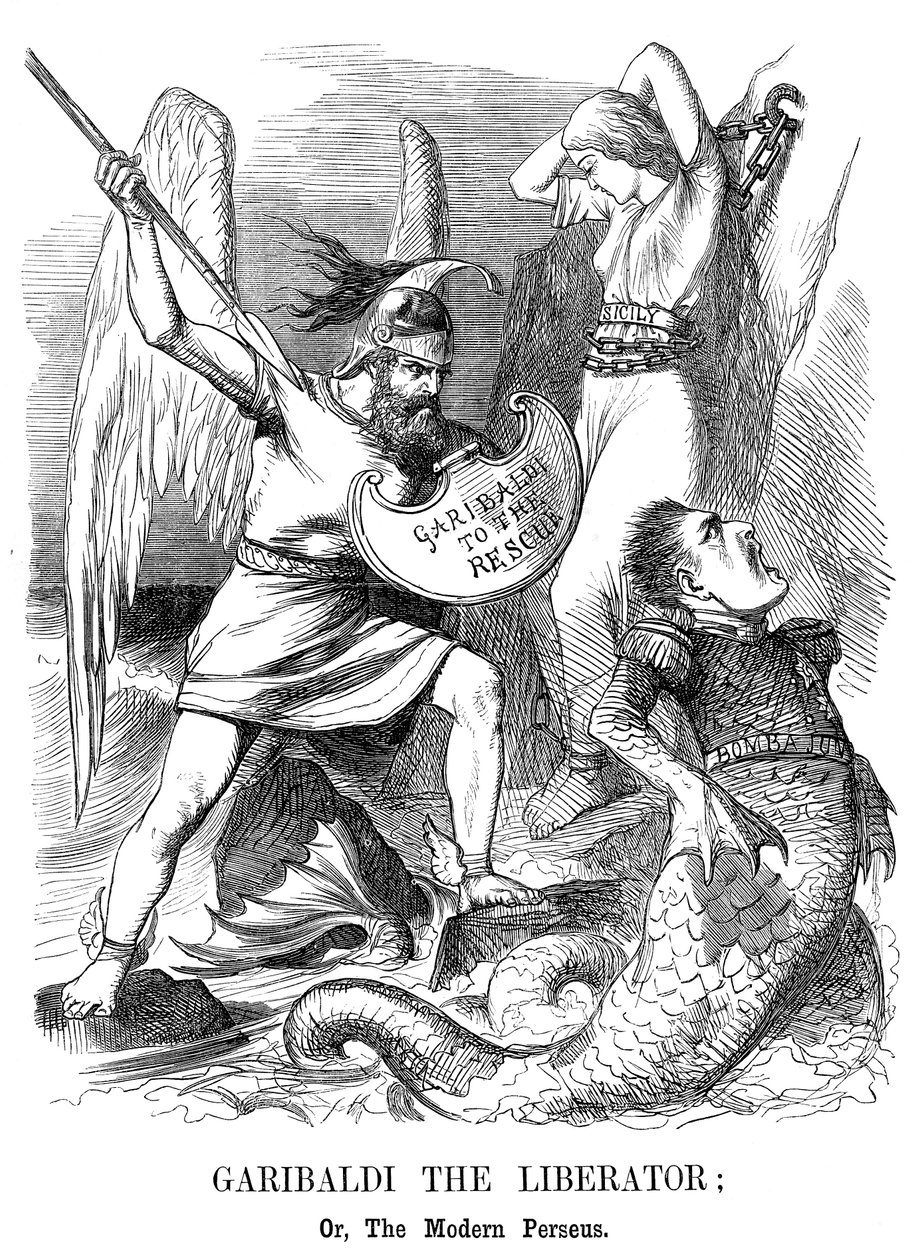 Giuseppe Garibaldi, erobret Sicilia og Napoli for det nye riket Italia, 1860 av John Tenniel