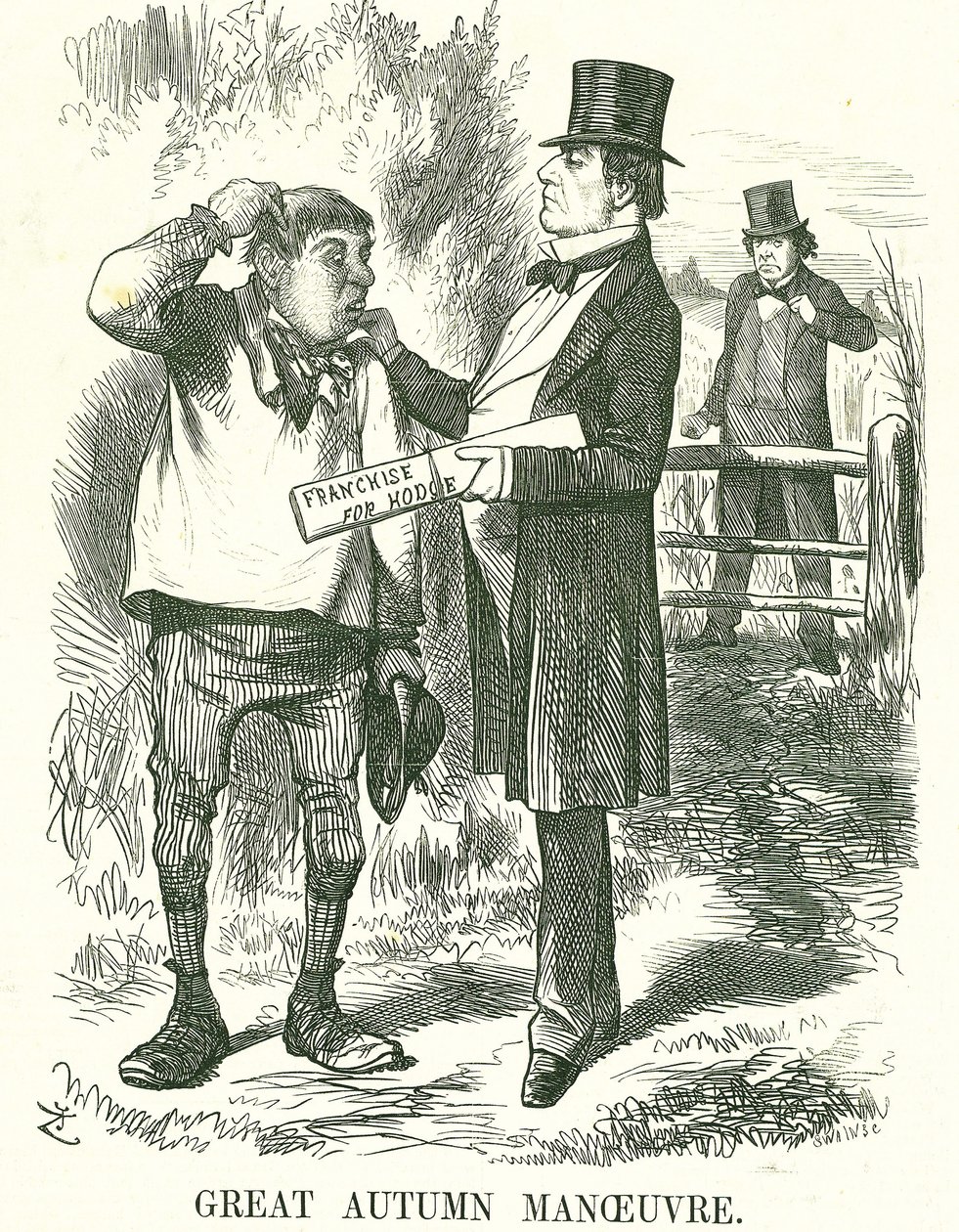 Stor høstmanøver: Gladstone mente at avstemningen til slutt måtte gis til landbruksarbeidere (Hodge). På dette tidspunktet var premierskapet hans ustabilt, og Disraeli venter på å ta plassen hans. John Tenniel tegneserie fra Punch, London, 9. august 1873. av John Tenniel