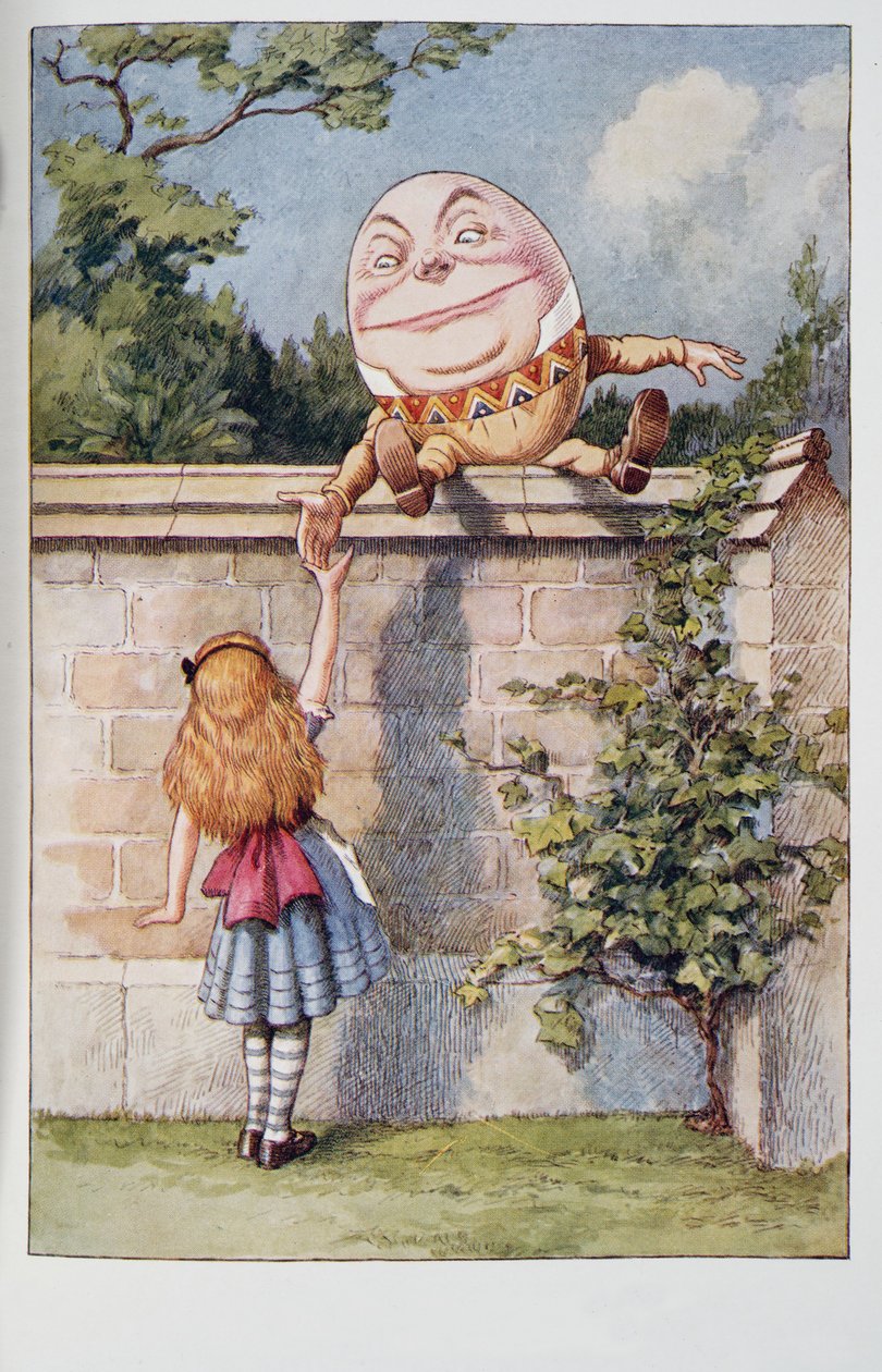 Humpty Dumpty, fra Alices Adventures In Wonderland And Through The Looking-Glass And What Alice Found There, av Lewis Carroll (1832 - 98), utgitt 1911 (farget litografi) av John Tenniel
