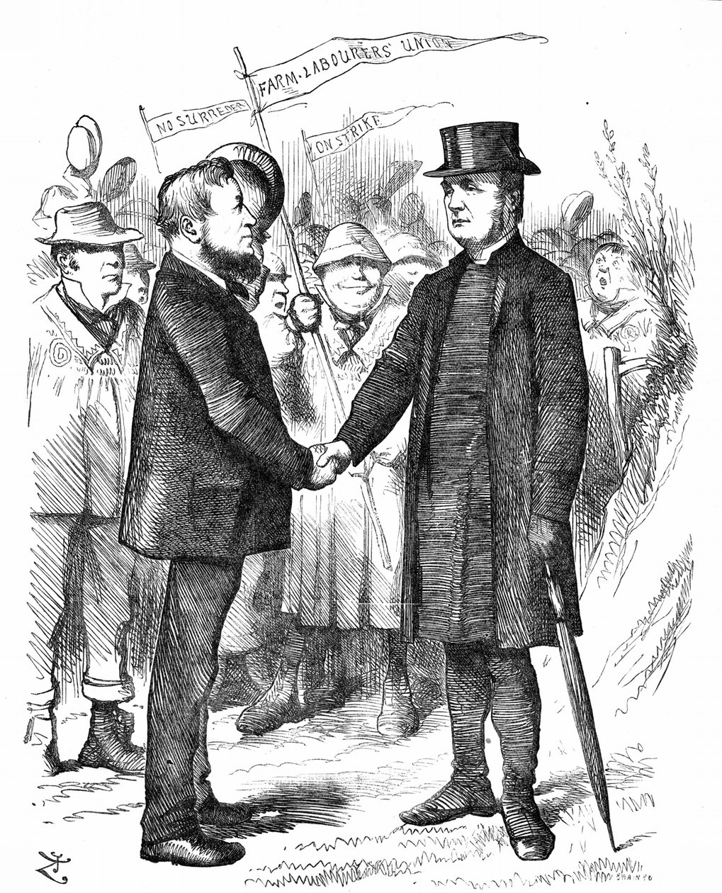 Joseph Arch (1826-1919) engelsk fagforeningsmann, politiker og landbruksarbeider. Grunnlegger av National Union of Farm Labourers. Arch hilser biskopen av Manchester som støttet unionen i et brev til The Times. John Tenniel tegneserie fra Punch London av John Tenniel