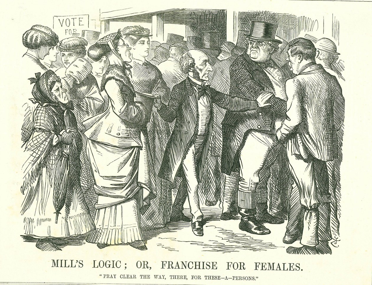 Mill's Logic: eller, Franchise for Females: John Stuart Mill ber en indignert John Bull om å gjøre plass for kvinner til å avgi sin stemme. Figuren i forgrunnen nest fra venstre er Lydia Ernestine Becker, en talsmann for kvinnelig stemmerett. John Tenn av John Tenniel