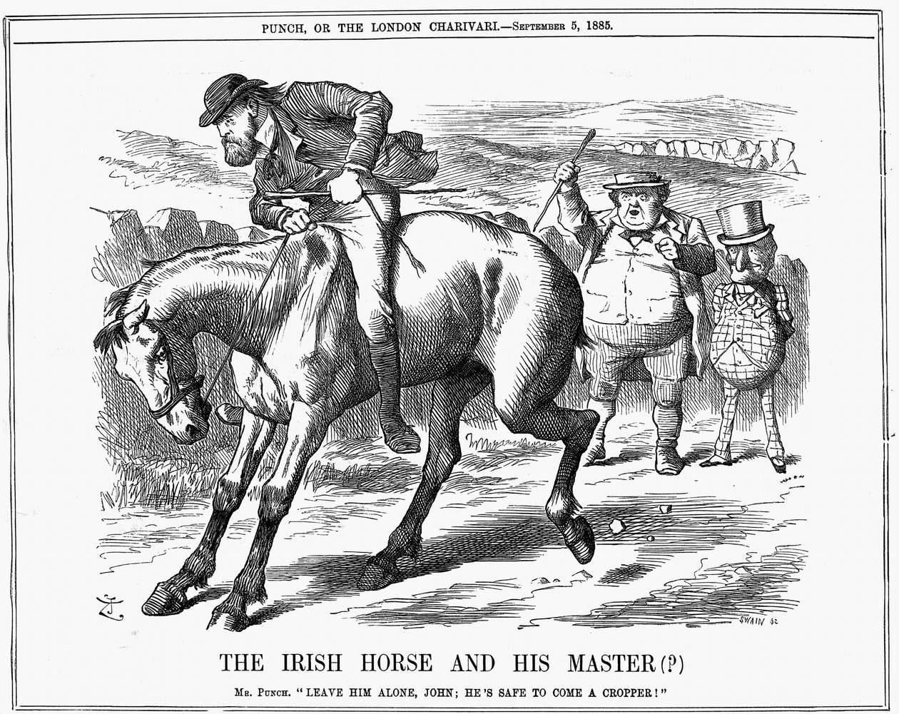 Mr Punch ber John Bull om å ignorere Charles Stewart Parnell (1846-1891), irsk politiker, da han garantert vil komme en cropper som rir på den irske hesten. John Tenniel tegneserie fra Punch London 5. september 1885. Gravering av John Tenniel