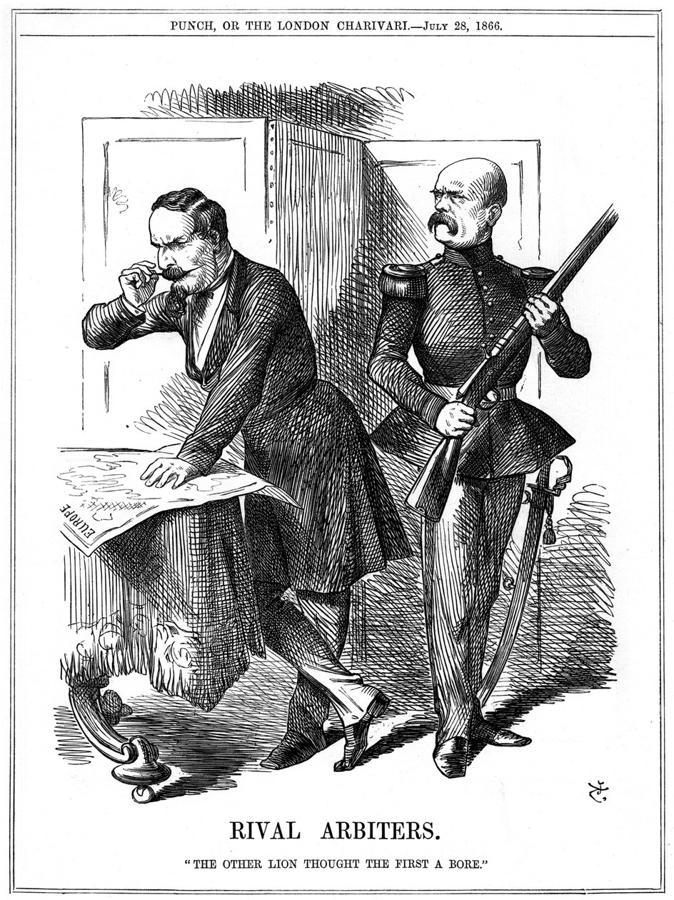 Napoleon III (1808–1873), keiser av Frankrike 1852–1870, og Otto von Bismarck (1808–1783), kansler i Preussen, skar opp Europa. Deres motstridende ambisjoner førte til den fransk-prøyssiske krigen 1870-1871. John Tenniel tegneserie fra Punch, London, 28. j av John Tenniel