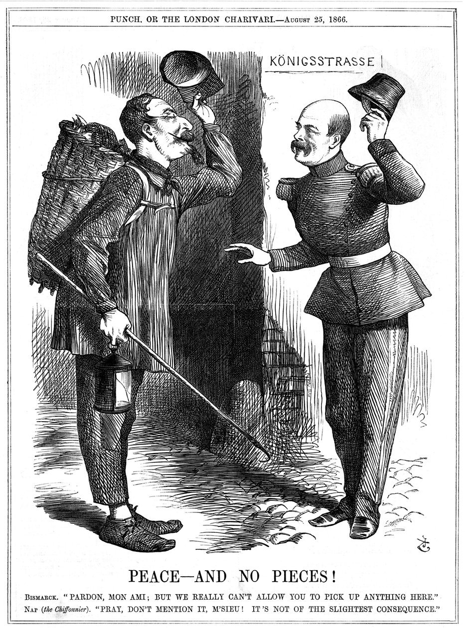 Napoleon III, fransk keiser 1852-1870, kledd som en filleplukker (Chiffonnier), advart av Otto von Bismarck, den prøyssiske kansleren. Napoleons territorielle ambisjoner førte til den fransk-prøyssiske krigen 1870-71. John Tenniel tegneserie fra Punch, Lon av John Tenniel