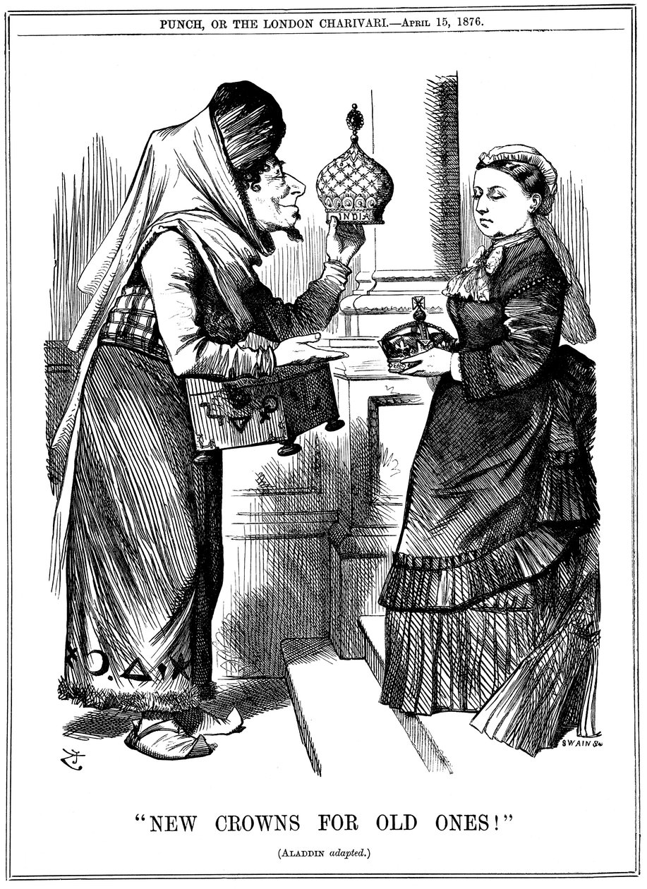 Nye kroner for gamle!, Benjamin Disraeli tilbyr Indias krone til dronning Victoria, 1876 av John Tenniel