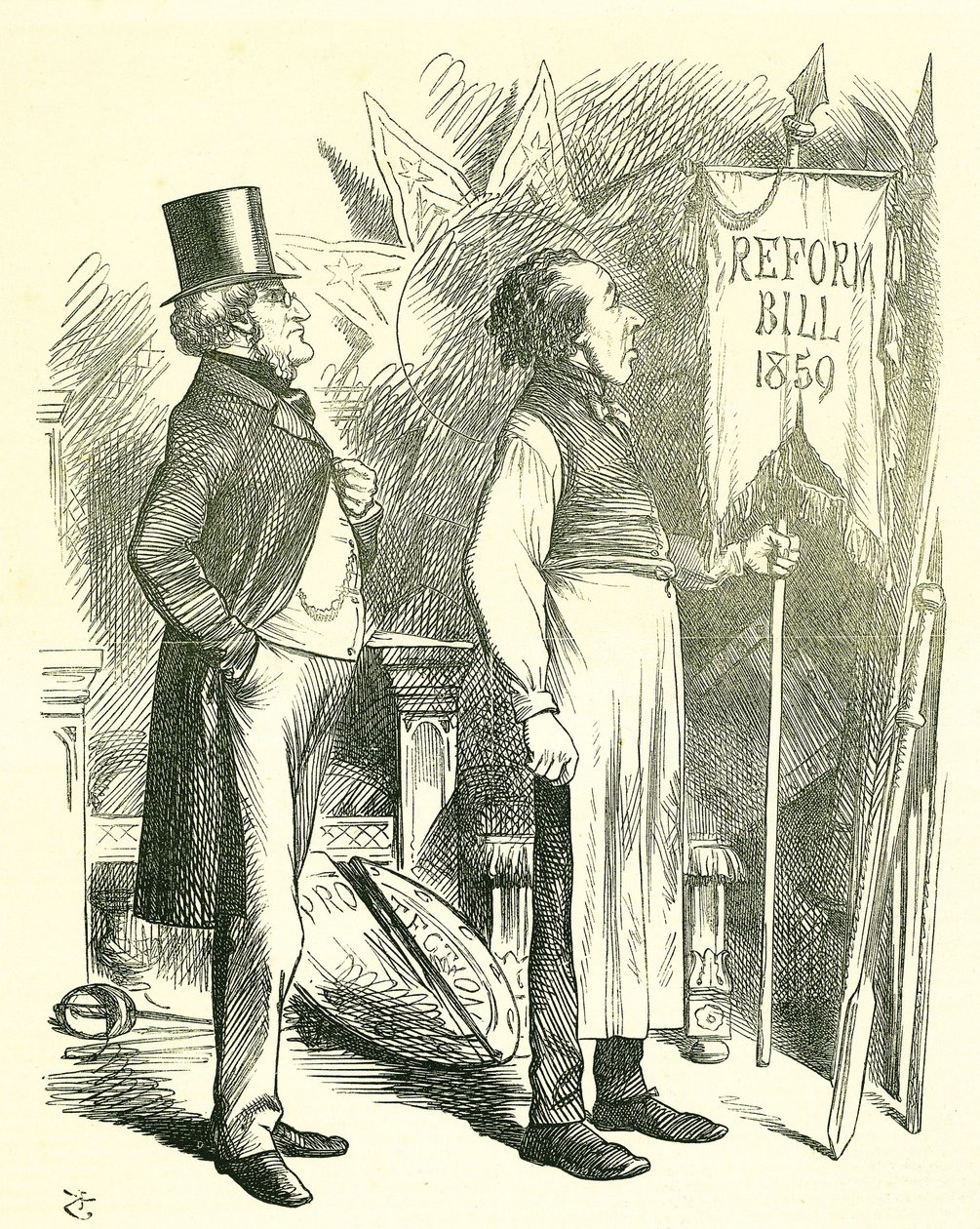 Politisk økonomi: Reform av parlamentet - utvidelse av franchisen. Disraeli (kansler) og Derby (statsminister) støver av reformforslaget. I 1867 introduserte Disraeli et nytt lovforslag. John Tenniel tegneserie fra Punch, London av John Tenniel