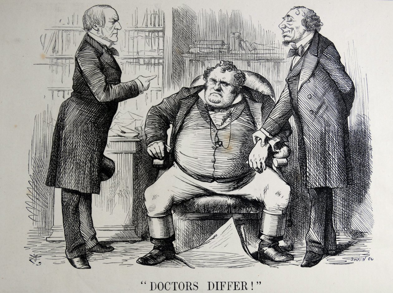 Politisk satire som skildrer William Ewart Gladstone, Benjamin Disraeli og John Bull av John Tenniel